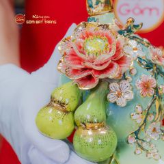 Bình Hồ Lô Xanh Cốm Đắp Nổi Vẽ Vàng Tài Lộc