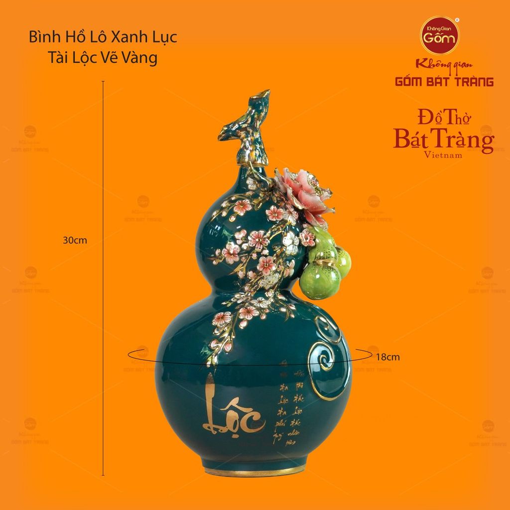 Bình Hồ Lô Xanh Lục Đắp Nổi Vẽ Vàng Tài Lộc