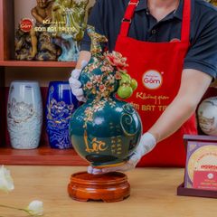 Bình Hồ Lô Xanh Lục Đắp Nổi Vẽ Vàng Tài Lộc