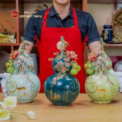 Bình Hồ Lô Xanh Lục Đắp Nổi Vẽ Vàng Tài Lộc