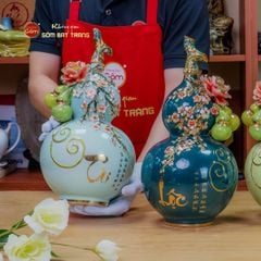 Bình Hồ Lô Xanh Biển Đắp Nổi Vẽ Vàng Tài Lộc