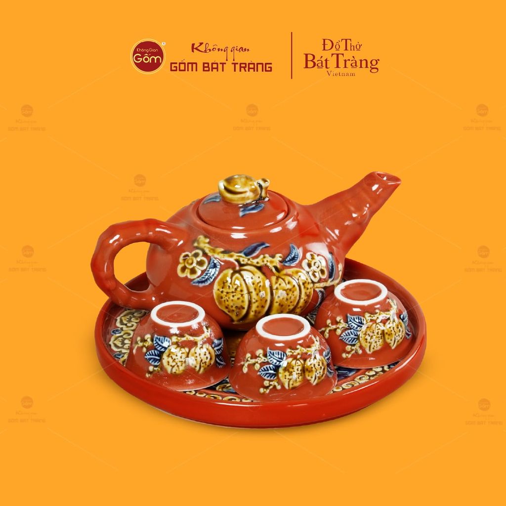 Bộ Ấm 3 Chén Thờ Men Đỏ Họa Tiết Cành Đào