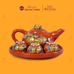 Bộ Ấm 3 Chén Thờ Men Đỏ Họa Tiết Cành Đào