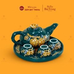 Bộ Ấm 3 Chén Thờ Men Lục Họa Tiết Cành Đào