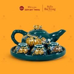 Bộ Ấm 3 Chén Thờ Men Lục Họa Tiết Cành Đào