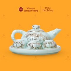 Bộ Ấm 3 Chén Thờ Men Ngọc Hoàng Tộc Cành Đào Vẽ Vàng