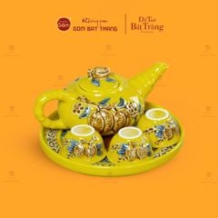 Bộ Ấm 3 Chén Thờ Men Vàng Họa Tiết Cành Đào