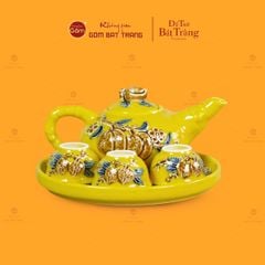 Bộ Ấm 3 Chén Thờ Men Vàng Họa Tiết Cành Đào