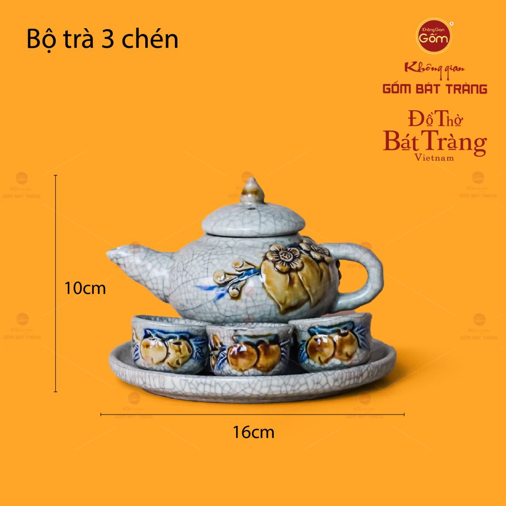 Bộ Ấm Chén Thờ Men Rạn Họa Tiết Hoa Đào