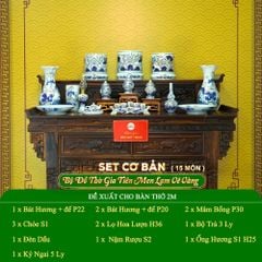 Bộ Đồ Thờ Gia Tiên (Cơ Bản 15 Món) Men Lam Vẽ Vàng