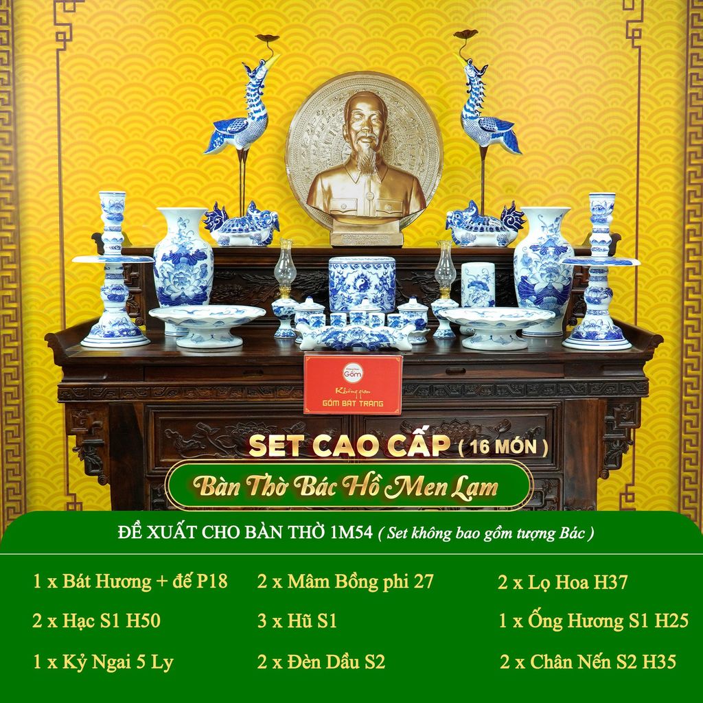 Bộ Đồ Thờ Bác Hồ (Cao Cấp 16 Món) Men Lam