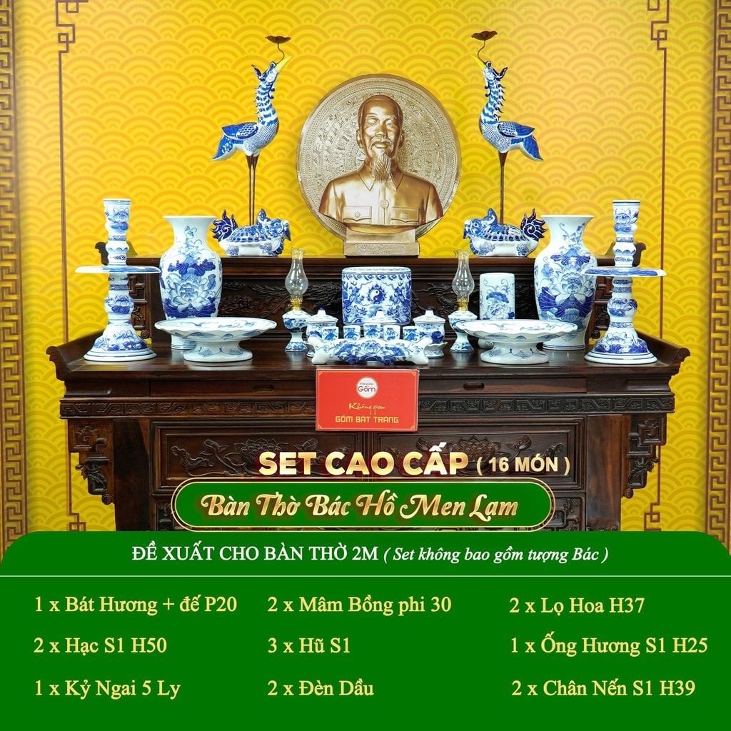 Bộ Đồ Thờ Bác Hồ (Cao Cấp 16 Món) Men Lam