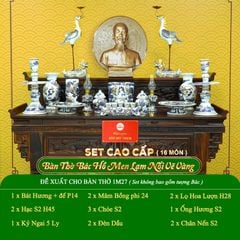 Bộ Đồ Thờ Bác Hồ (Cao Cấp 16 Món) Men Lam Nổi Vẽ Vàng
