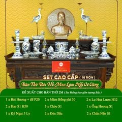Bộ Đồ Thờ Bác Hồ (Cao Cấp 16 Món) Men Lam Nổi Vẽ Vàng