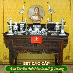 Bộ Đồ Thờ Bác Hồ (Cao Cấp 16 Món) Men Lam Nổi Vẽ Vàng