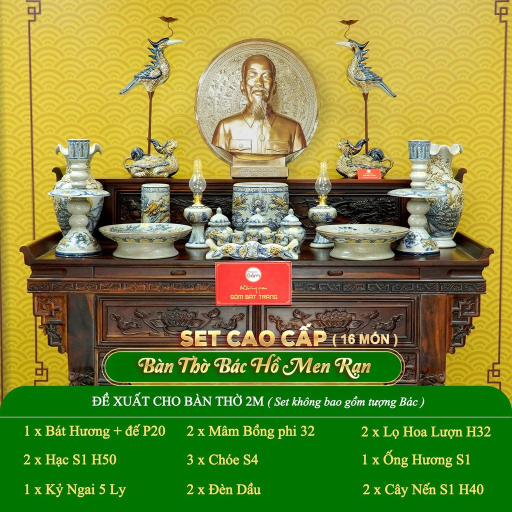 Bộ Đồ Thờ Bác Hồ (Cao Cấp 16 Món) Men Rạn