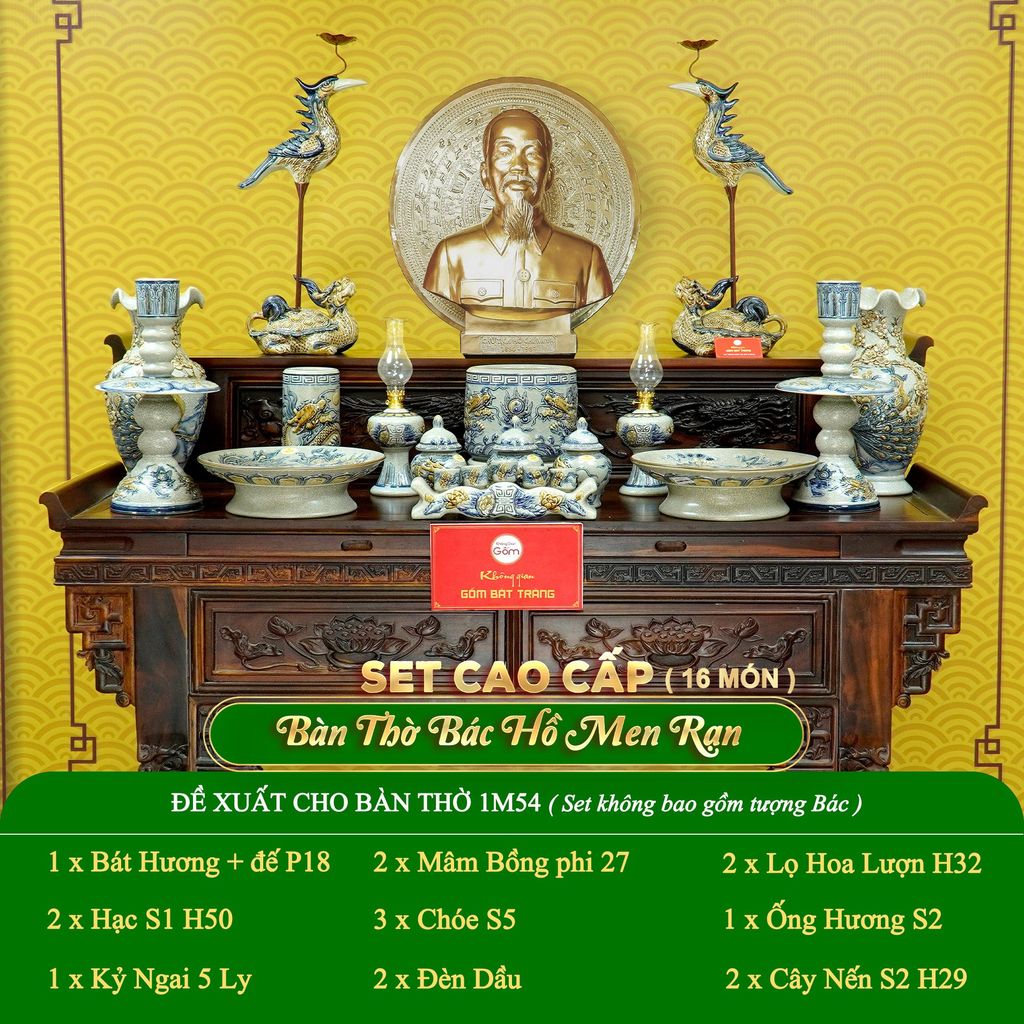 Bộ Đồ Thờ Bác Hồ (Cao Cấp 16 Món) Men Rạn