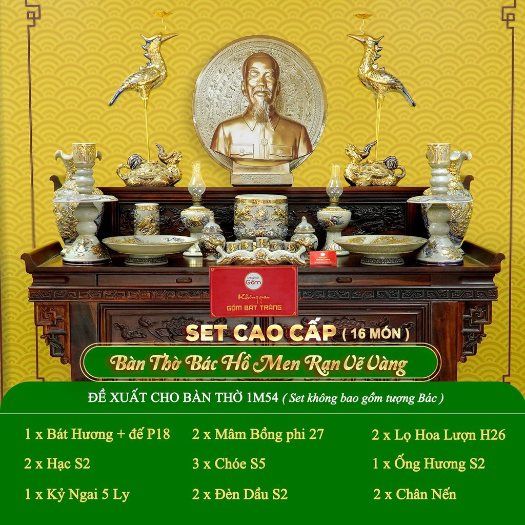 Bộ Đồ Thờ Bác Hồ (Cao Cấp 16 Món) Men Rạn Vẽ Vàng