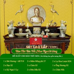 Bộ Đồ Thờ Bác Hồ (Cao Cấp 16 Món) Men Rạn Vẽ Vàng