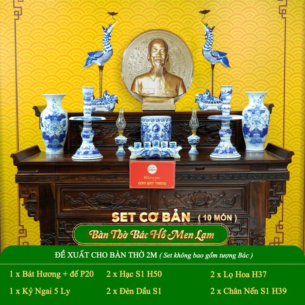 Bộ Đồ Thờ Bác Hồ (Cơ Bản 10 Món) Men Lam