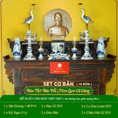 Bộ Đồ Thờ Bác Hồ (Cơ Bản 10 Món) Men Lam Vẽ Vàng