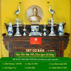Bộ Đồ Thờ Bác Hồ (Cơ Bản 10 Món) Men Lam Vẽ Vàng