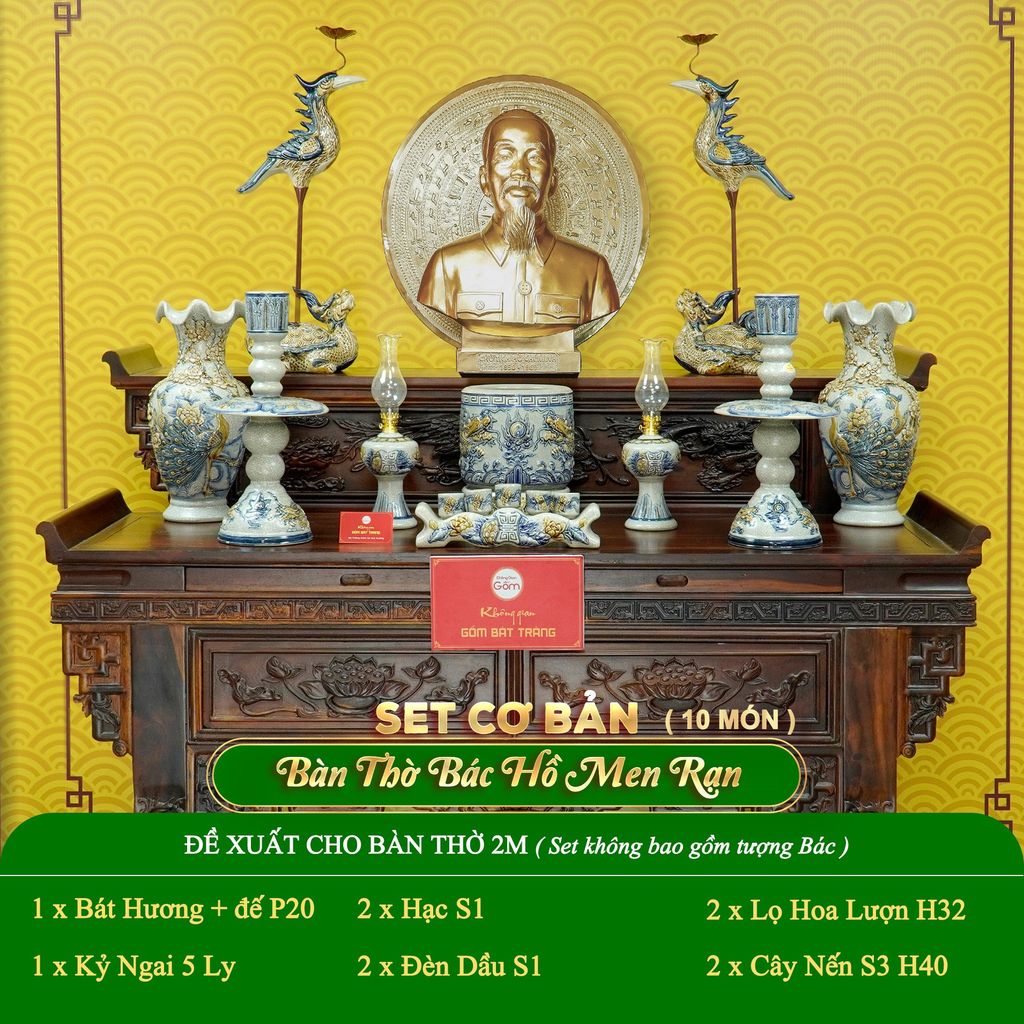 Bộ Đồ Thờ Bác Hồ (Cơ Bản 10 Món) Men Rạn