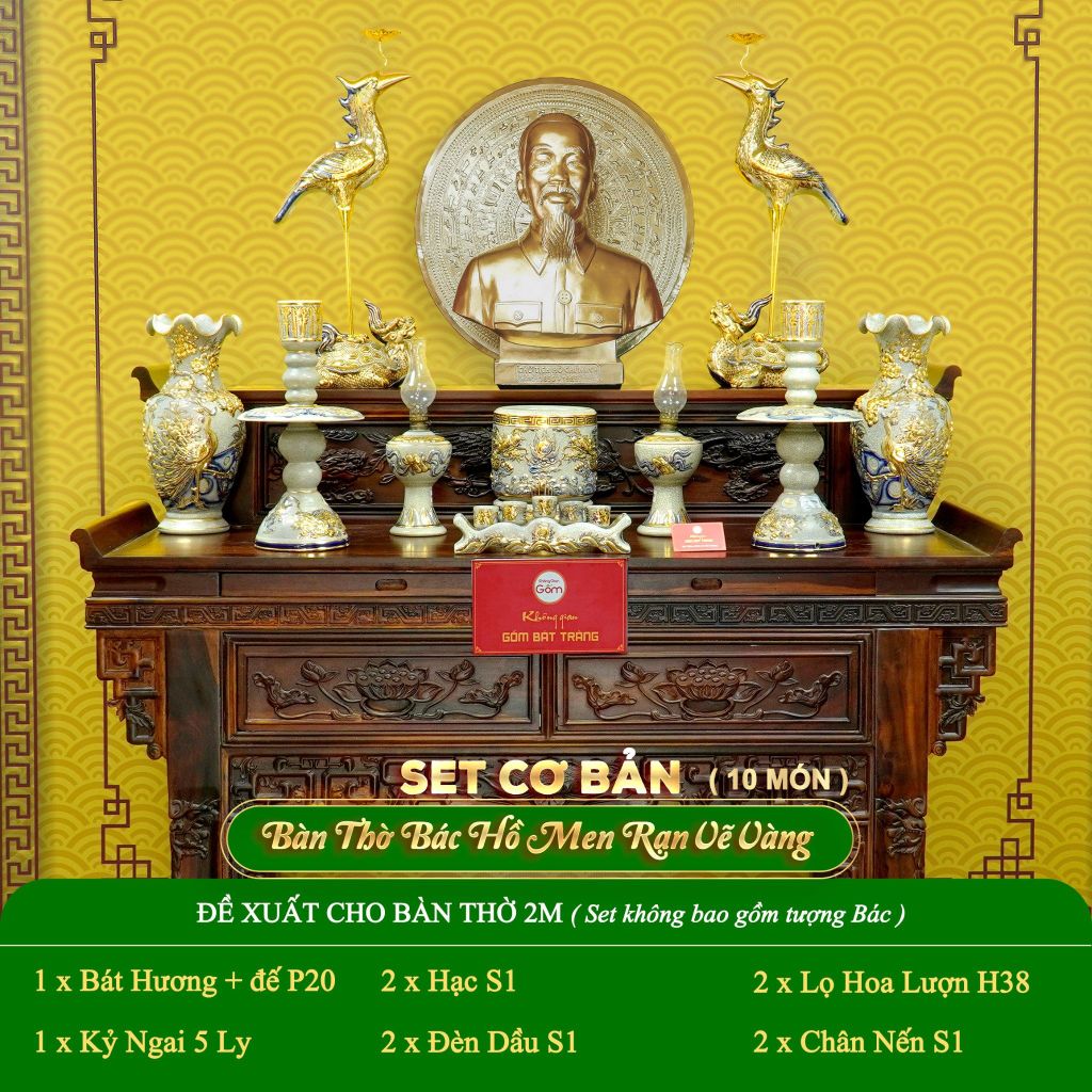 Bộ Đồ Thờ Bác Hồ (Cơ Bản 10 Món) Men Rạn Vẽ Vàng