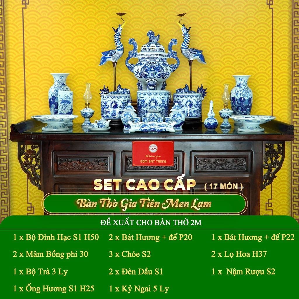Bộ Đồ Thờ Gia Tiên (Cao Cấp 17 Món) Men Lam