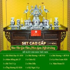 Bộ Đồ Thờ Gia Tiên (Cao Cấp 17 Món) Men Lam Nổi Vẽ Vàng
