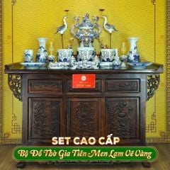 Bộ Đồ Thờ Gia Tiên (Cao Cấp 17 Món) Men Lam Vẽ Vàng