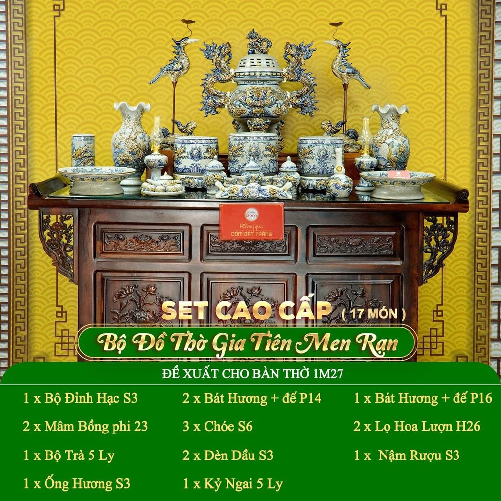Bộ Đồ Thờ Gia Tiên (Cao Cấp 17 Món) Men Rạn