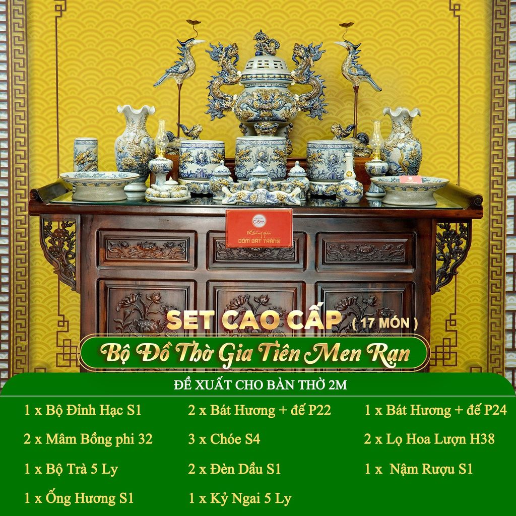 Bộ Đồ Thờ Gia Tiên (Cao Cấp 17 Món) Men Rạn