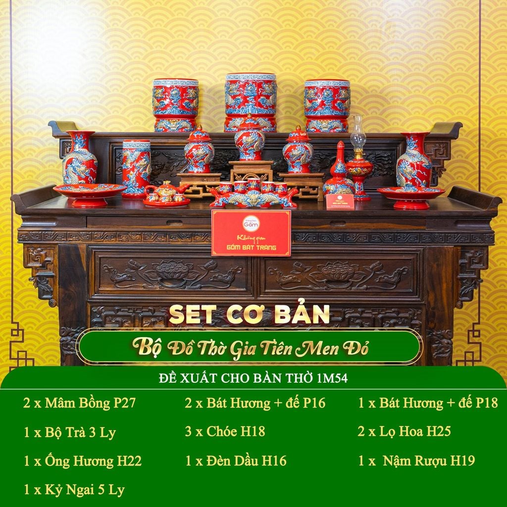 Bộ Đồ Thờ Gia Tiên (Cơ Bản 15 Món) Men Đỏ