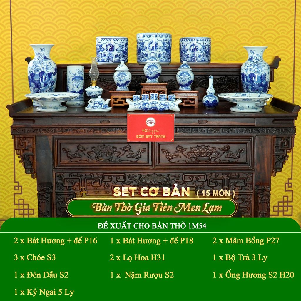 Bộ Đồ Thờ Gia Tiên (Cơ Bản 15 Món) Men Lam