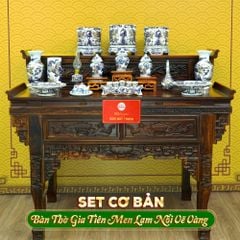 Bộ Đồ Thờ Gia Tiên (Cơ Bản 15 Món) Men Lam Nổi Vẽ Vàng