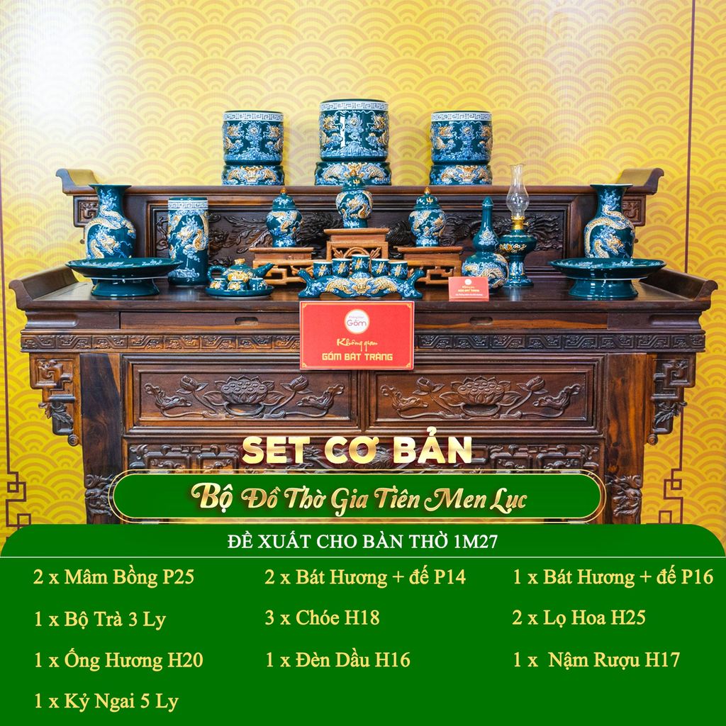 Bộ Đồ Thờ Gia Tiên (Cơ Bản 15 Món) Men Lục