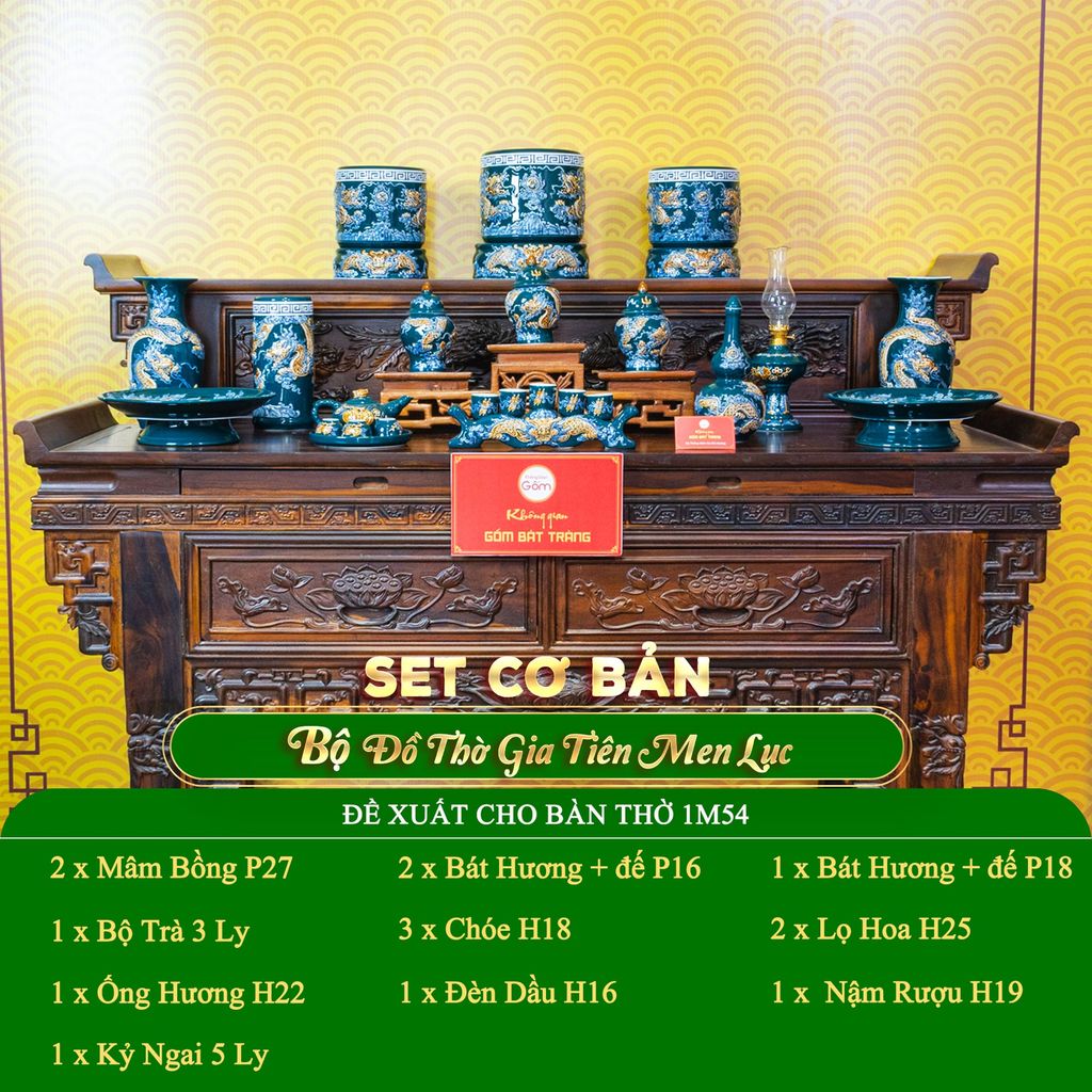 Bộ Đồ Thờ Gia Tiên (Cơ Bản 15 Món) Men Lục