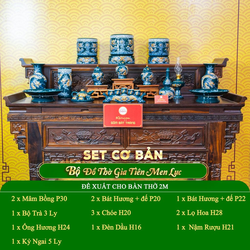 Bộ Đồ Thờ Gia Tiên (Cơ Bản 15 Món) Men Lục