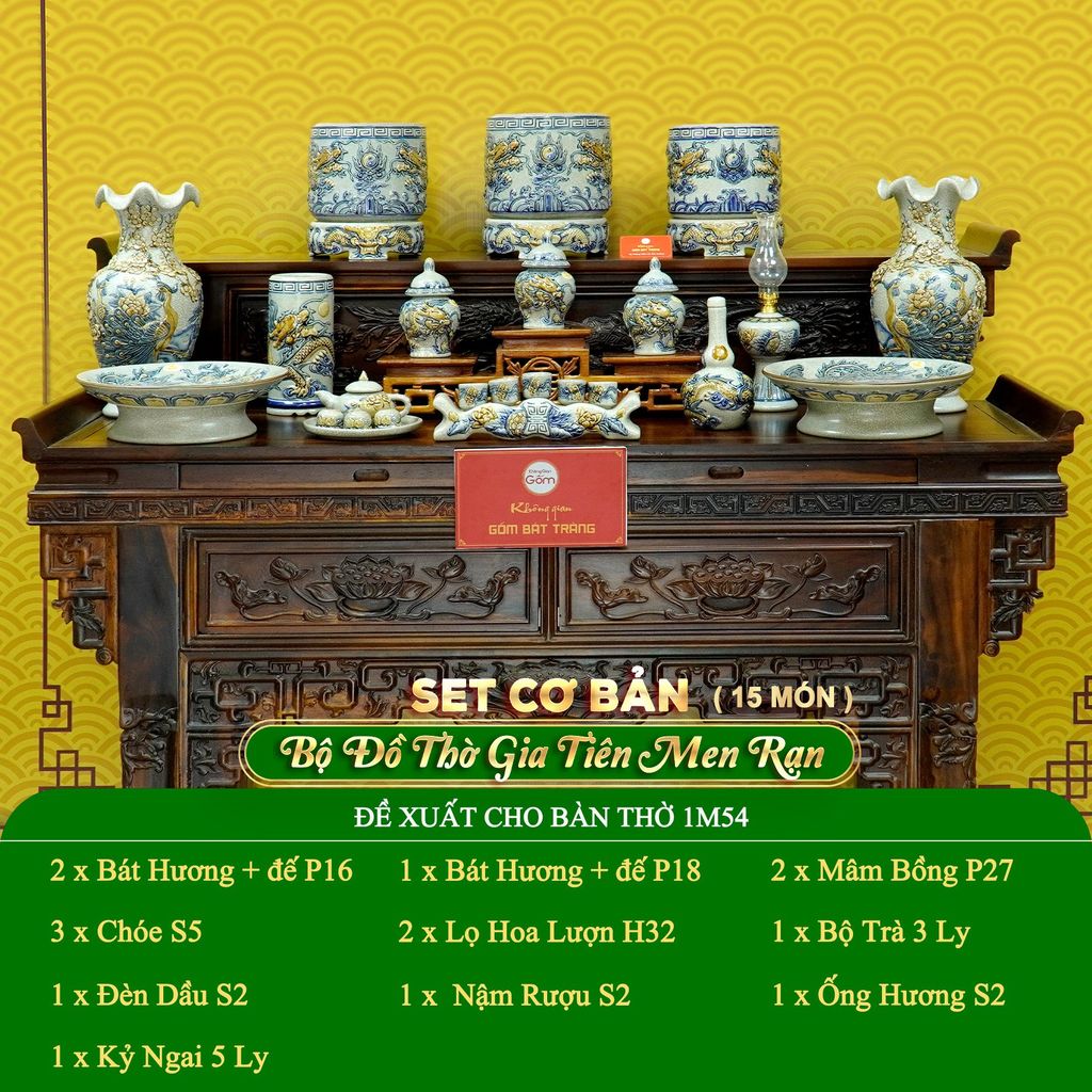 Bộ Đồ Thờ Gia Tiên (Cơ Bản 15 Món) Men Rạn