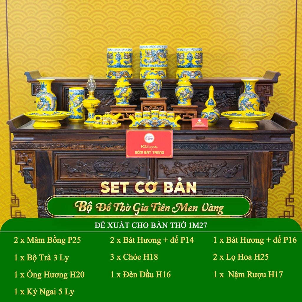 Bộ Đồ Thờ Gia Tiên (Cơ Bản 15 Món) Men Vàng