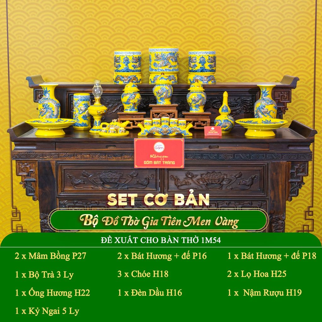 Bộ Đồ Thờ Gia Tiên (Cơ Bản 15 Món) Men Vàng