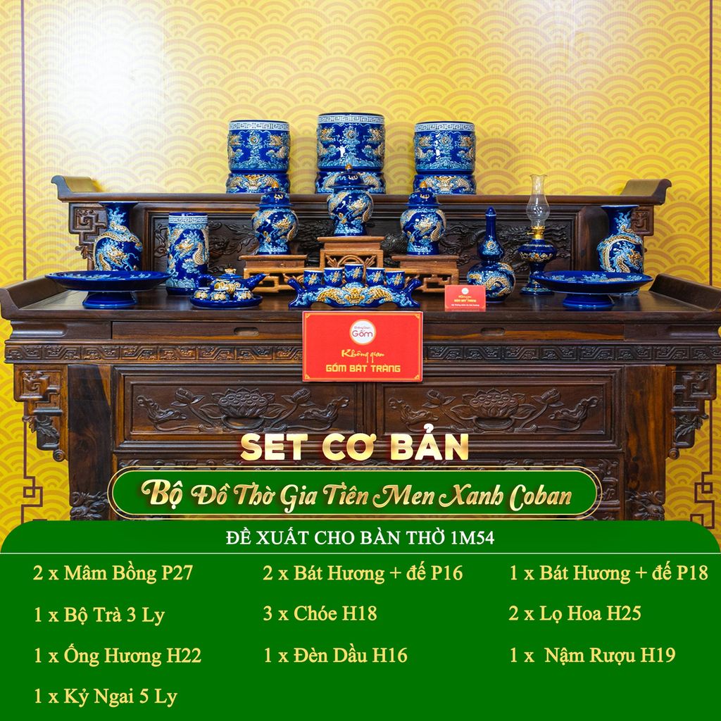Bộ Đồ Thờ Gia Tiên (Cơ Bản 15 Món) Men Xanh Coban