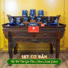 Bộ Đồ Thờ Gia Tiên (Cơ Bản 15 Món) Men Xanh Coban