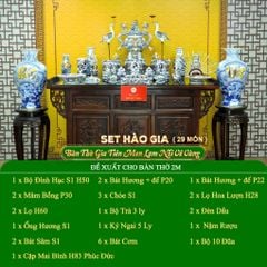 Bộ Đồ Thờ Gia Tiên (Hào Gia 29 Món) Men Lam Nổi Vẽ Vàng