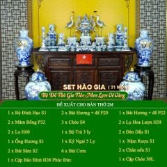 Bộ Đồ Thờ Gia Tiên (Hào Gia 31 Món) Men Lam Vẽ Vàng