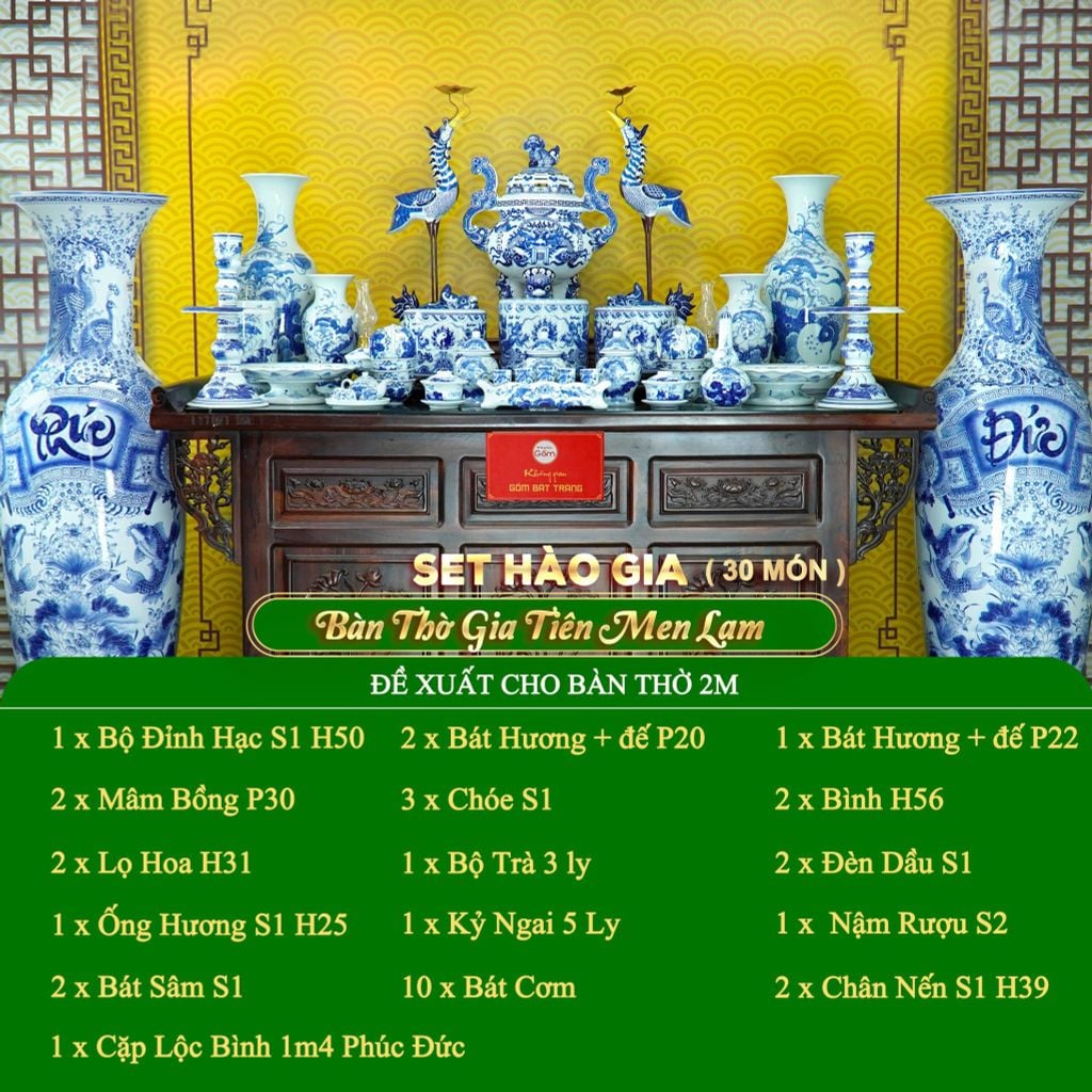 Bộ Đồ Thờ Gia Tiên (Hào Gia 34 Món) Men Lam