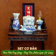 Bộ Đồ Thờ Ông Táo (Cơ Bản 6 Món) Men Lam Vẽ Vàng