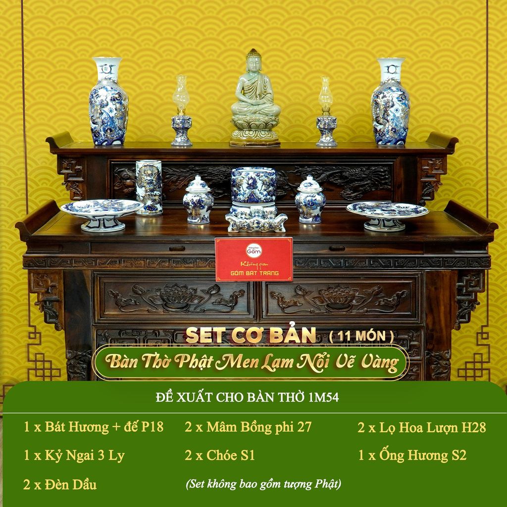 Bộ Đồ Thờ Phật (Cơ Bản 11 Món) Men Lam Nổi Vẽ Vàng