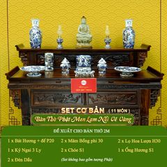 Bộ Đồ Thờ Phật (Cơ Bản 11 Món) Men Lam Nổi Vẽ Vàng